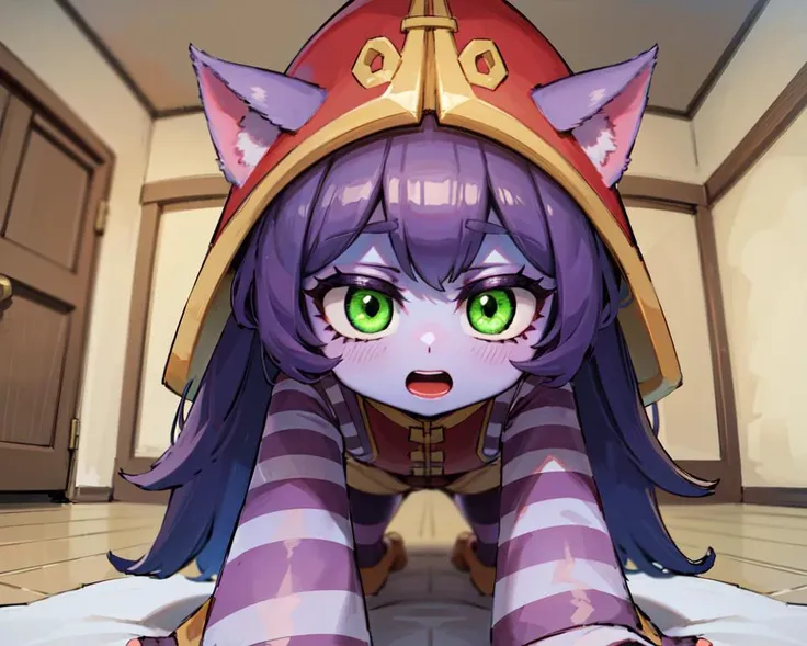 masterpiece, best quality, highly detailed
 ,,,full body, embarrassed, blsuh,   indoors,  simple background, heavy breathing, steam,open mouth, 
,, 
,,<lora:lulu-lora-nochekaiser:1.0>,,lulu, long hair, bangs, animal ears, (green eyes:1.1), purple hair, colored skin, (purple skin,dark skin:1.2)
,,long sleeves, hat, dress, red dress, red headwear, ears through headwear, striped sleeves, yordle,
 ,,,  all fours,  pov sex,