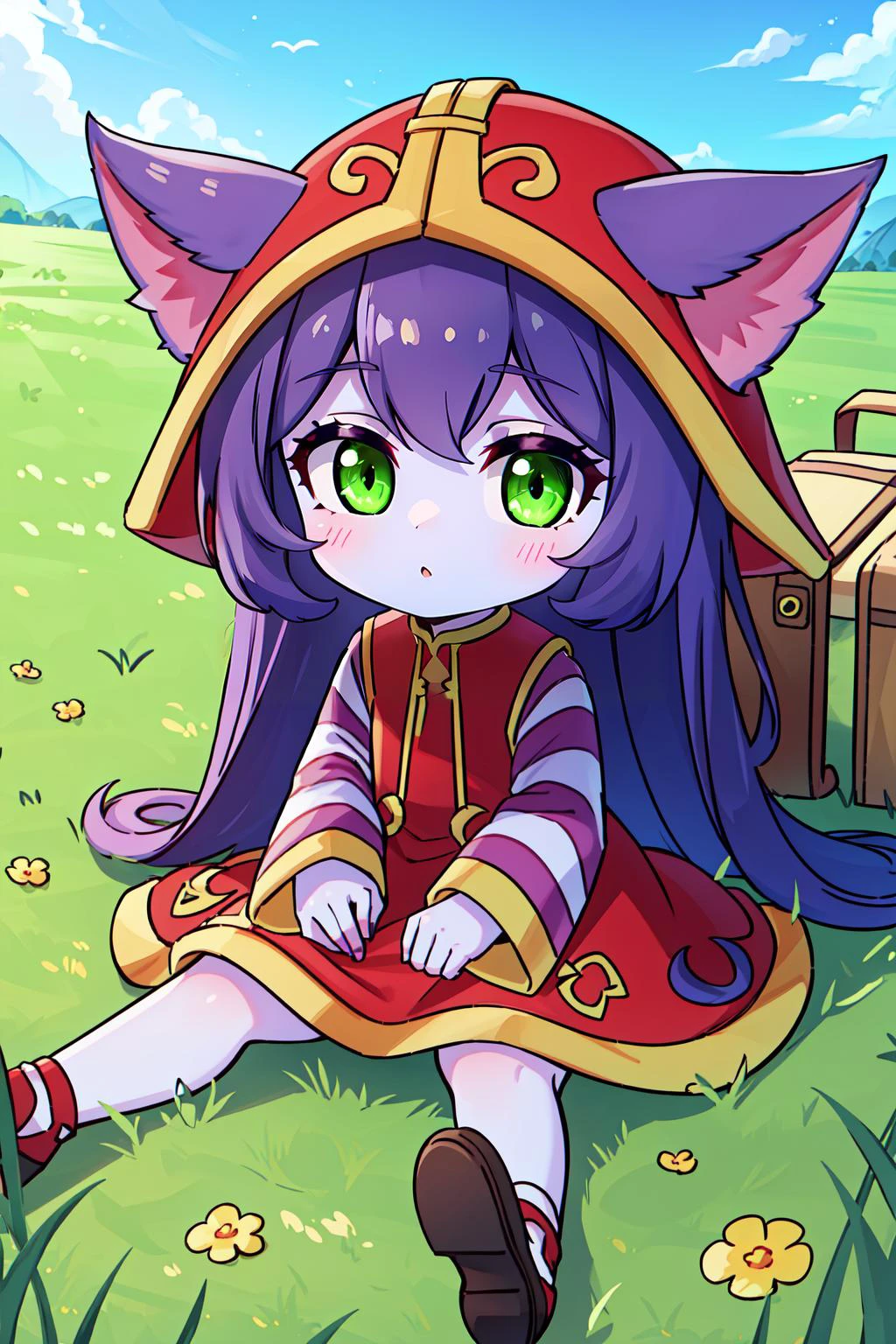 (masterpiece, best quality), intricate details,
1girl, <lora:lulu-lora-nochekaiser:0.8> lulu, long hair, bangs, animal ears, (green eyes:1.5), purple hair, colored skin, purple skin,, long sleeves, hat, dress, red dress, red headwear, ears through headwear, striped sleeves, yordle,
grass, meadow, picnic,