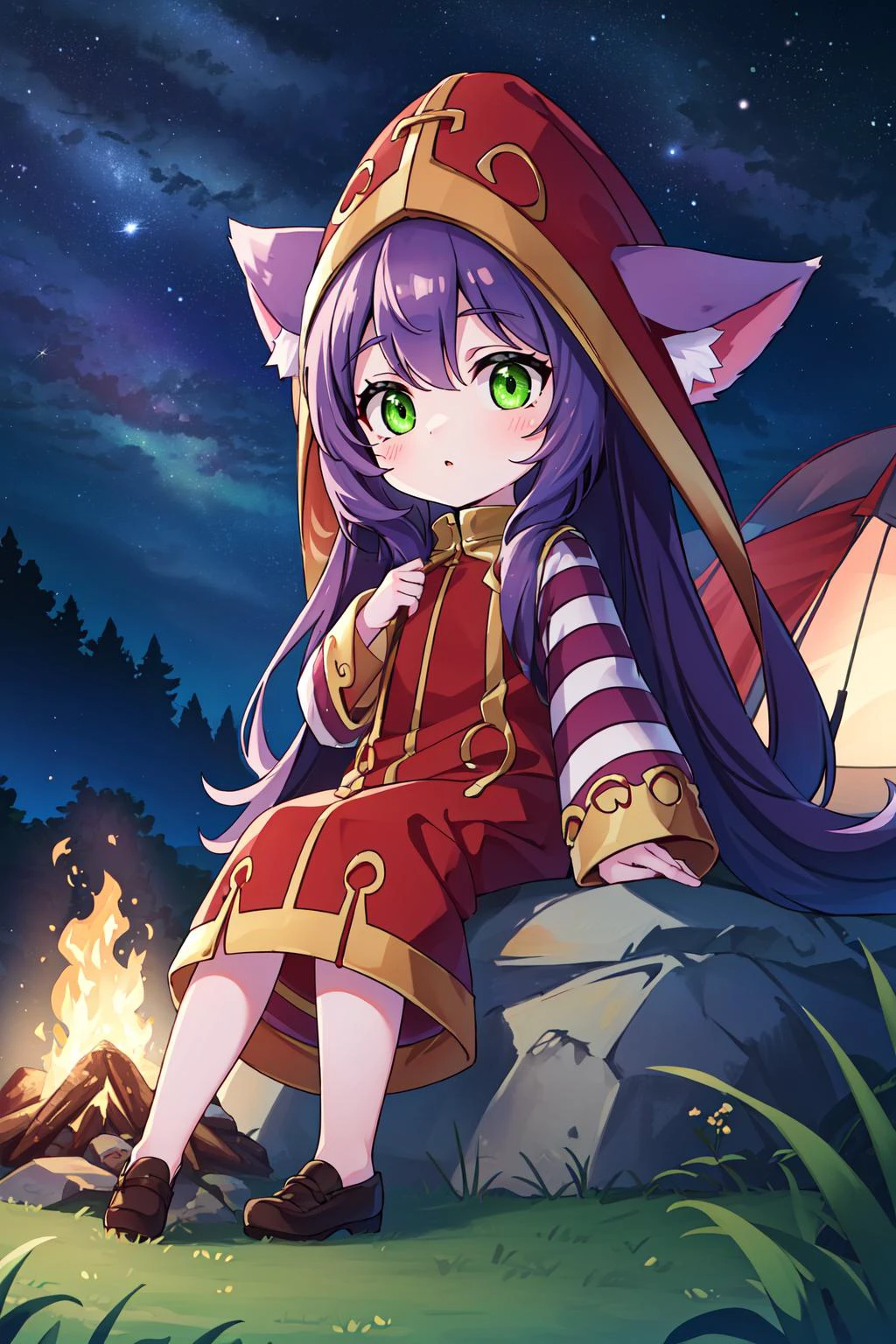 (masterpiece, best quality), intricate details,
1girl, <lora:lulu-lora-nochekaiser:0.8> lulu, long hair, bangs, animal ears, (green eyes:1.5), purple hair, colored skin, purple skin,, long sleeves, hat, dress, red dress, red headwear, ears through headwear, striped sleeves, yordle,
camping, tent, sitting on stool, campfire, tent, night, starry sky, giant trees, giant rocks, cliffs, river,