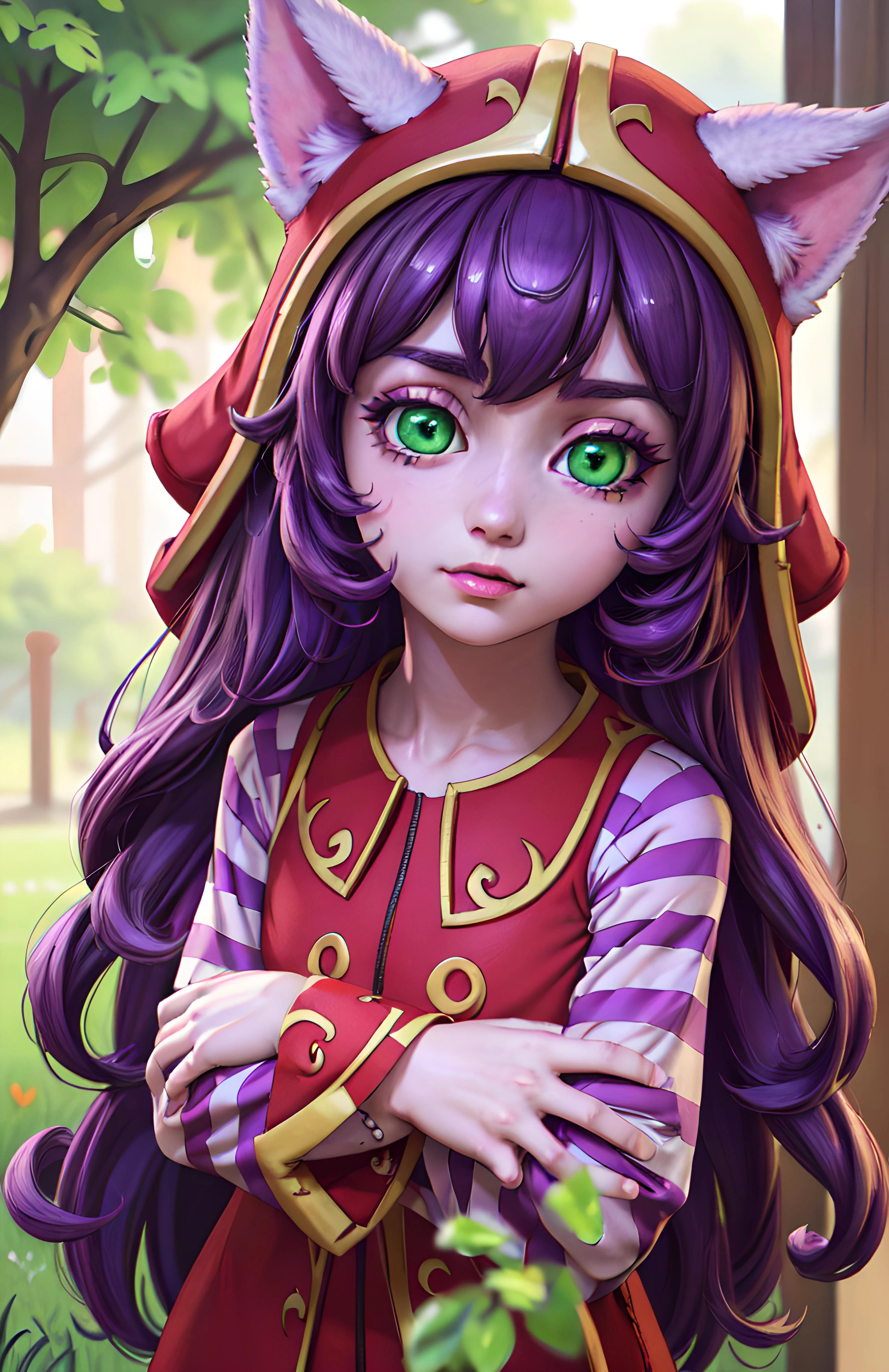 (masterpiece:1.2), best quality, high resolution, unity 8k wallpaper, (illustration:0.8), (beautiful detailed eyes:1.6), extremely detailed face, perfect lighting, extremely detailed CG, (perfect hands, perfect anatomy),
lulu, long hair, bangs, animal ears, (green eyes:1.5), purple hair, colored skin, purple skin<lora:lulu-lora-nochekaiser:1>,armpits,full body,clothes,long sleeves, hat, dress, red dress, red headwear, ears through headwear, striped sleeves, yordle,upper body,,open clothes,visible chest,flat chest,