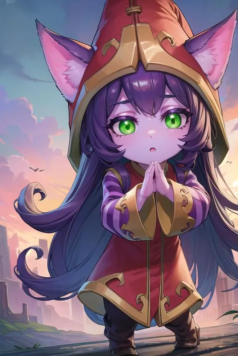 lollulu, <lora:lulu-lora-nochekaiser:1>,
lulu, long hair, bangs, animal ears, (green eyes:1.5), purple hair, colored skin, purple skin,
BREAK long sleeves, hat, dress, red dress, red headwear, ears through headwear, striped sleeves, yordle,
BREAK looking at viewer, full body,
BREAK outdoors,
BREAK <lyco:GoodHands-beta2:1>, (masterpiece:1.2), best quality, high resolution, unity 8k wallpaper, (illustration:0.8), (beautiful detailed eyes:1.6), extremely detailed face, perfect lighting, extremely detailed CG, (perfect hands, perfect anatomy),