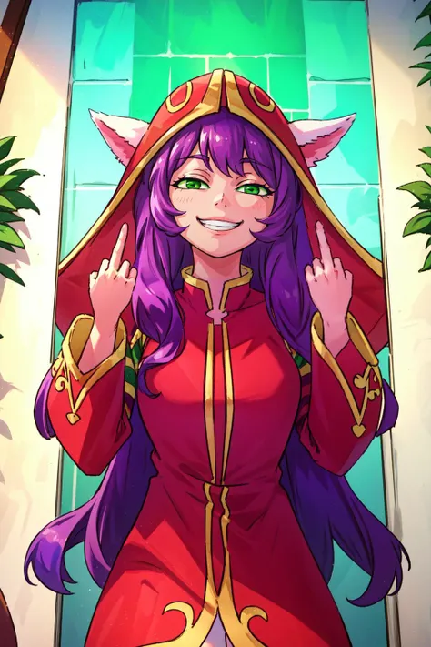 (masterpiece, best quality), intricate details,
1girl, <lora:lulu-lora-nochekaiser:0.8> lulu, long hair, bangs, animal ears, (green eyes:1.5), purple hair, colored skin, purple skin,, long sleeves, hat, dress, red dress, red headwear, ears through headwear, striped sleeves, yordle,
middle finger, bathroom, urinals, toilet, <lora:AnyasHehFaceMeme:0.8> IncrsAnyasHehFaceMeme, grin, smug <lora:coloredSkinCONCEPT_v219:0.8> colored skin,