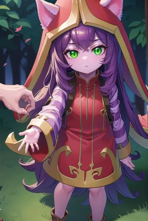 lollulu, <lora:lulu-lora-nochekaiser:1>,
lulu, long hair, bangs, animal ears, (green eyes:1.5), purple hair, colored skin, purple skin,
BREAK long sleeves, hat, dress, red dress, red headwear, ears through headwear, striped sleeves, yordle,
BREAK looking at viewer, full body,
BREAK outdoors,
BREAK <lyco:GoodHands-beta2:1>, (masterpiece:1.2), best quality, high resolution, unity 8k wallpaper, (illustration:0.8), (beautiful detailed eyes:1.6), extremely detailed face, perfect lighting, extremely detailed CG, (perfect hands, perfect anatomy),