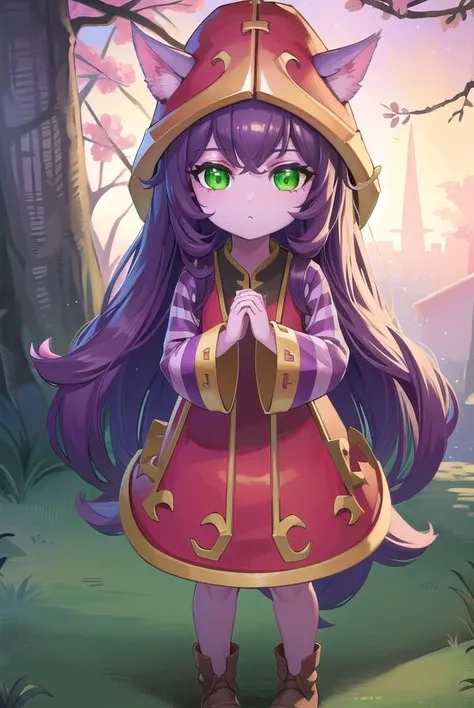 lollulu, <lora:lulu-lora-nochekaiser:1>,
lulu, long hair, bangs, animal ears, (green eyes:1.5), purple hair, colored skin, purple skin,
BREAK long sleeves, hat, dress, red dress, red headwear, ears through headwear, striped sleeves, yordle,
BREAK looking at viewer, full body,
BREAK outdoors,
BREAK <lyco:GoodHands-beta2:1>, (masterpiece:1.2), best quality, high resolution, unity 8k wallpaper, (illustration:0.8), (beautiful detailed eyes:1.6), extremely detailed face, perfect lighting, extremely detailed CG, (perfect hands, perfect anatomy),