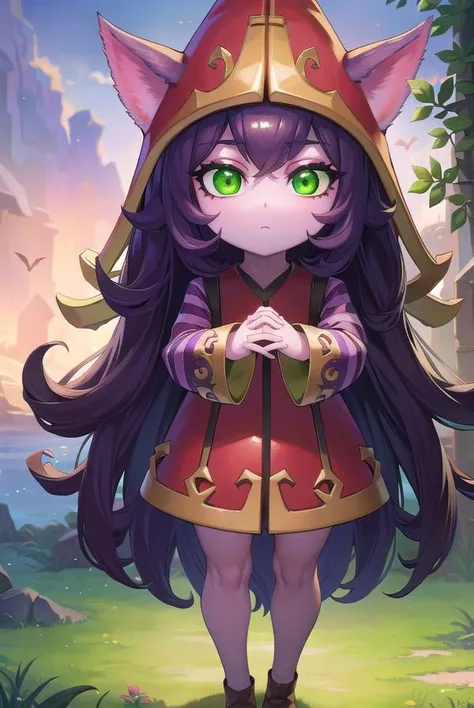lollulu, <lora:lulu-lora-nochekaiser:1>,
lulu, long hair, bangs, animal ears, (green eyes:1.5), purple hair, colored skin, purple skin,
BREAK long sleeves, hat, dress, red dress, red headwear, ears through headwear, striped sleeves, yordle,
BREAK looking at viewer, full body,
BREAK outdoors,
BREAK <lyco:GoodHands-beta2:1>, (masterpiece:1.2), best quality, high resolution, unity 8k wallpaper, (illustration:0.8), (beautiful detailed eyes:1.6), extremely detailed face, perfect lighting, extremely detailed CG, (perfect hands, perfect anatomy),