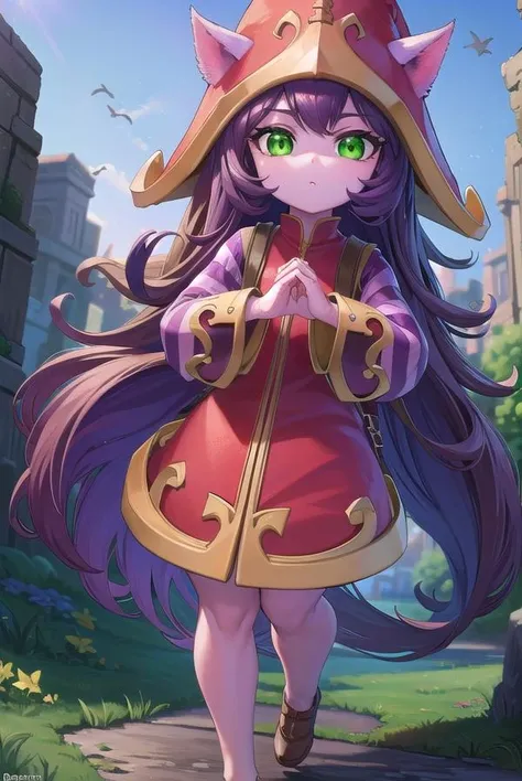 lollulu, <lora:lulu-lora-nochekaiser:1>,
lulu, long hair, bangs, animal ears, (green eyes:1.5), purple hair, colored skin, purple skin,
BREAK long sleeves, hat, dress, red dress, red headwear, ears through headwear, striped sleeves, yordle,
BREAK looking at viewer, full body,
BREAK outdoors,
BREAK <lyco:GoodHands-beta2:1>, (masterpiece:1.2), best quality, high resolution, unity 8k wallpaper, (illustration:0.8), (beautiful detailed eyes:1.6), extremely detailed face, perfect lighting, extremely detailed CG, (perfect hands, perfect anatomy),
