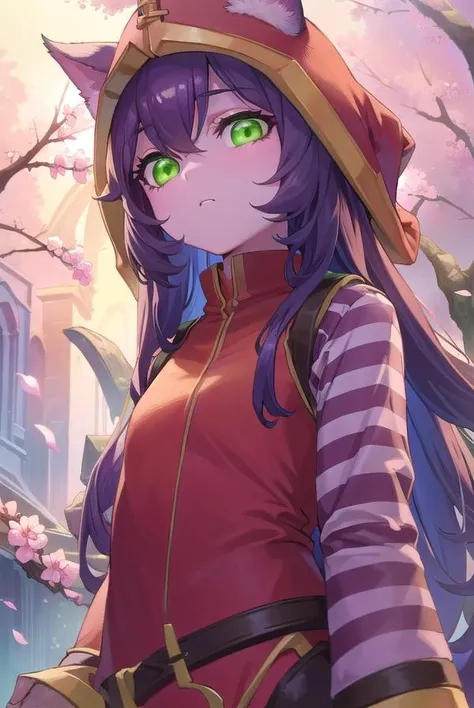 lollulu, <lora:lulu-lora-nochekaiser:1>,
lulu, long hair, bangs, animal ears, (green eyes:1.5), purple hair, colored skin, purple skin,
BREAK long sleeves, hat, dress, red dress, red headwear, ears through headwear, striped sleeves, yordle,
BREAK looking at viewer, full body,
BREAK outdoors,
BREAK <lyco:GoodHands-beta2:1>, (masterpiece:1.2), best quality, high resolution, unity 8k wallpaper, (illustration:0.8), (beautiful detailed eyes:1.6), extremely detailed face, perfect lighting, extremely detailed CG, (perfect hands, perfect anatomy),