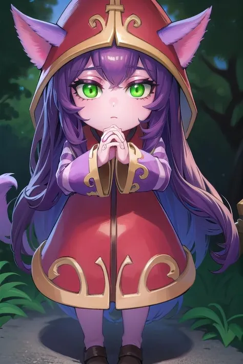 lollulu, <lora:lulu-lora-nochekaiser:1>,
lulu, long hair, bangs, animal ears, (green eyes:1.5), purple hair, colored skin, purple skin,
BREAK long sleeves, hat, dress, red dress, red headwear, ears through headwear, striped sleeves, yordle,
BREAK looking at viewer, full body,
BREAK outdoors,
BREAK <lyco:GoodHands-beta2:1>, (masterpiece:1.2), best quality, high resolution, unity 8k wallpaper, (illustration:0.8), (beautiful detailed eyes:1.6), extremely detailed face, perfect lighting, extremely detailed CG, (perfect hands, perfect anatomy),