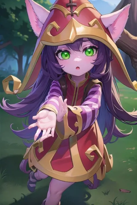 lollulu, <lora:lulu-lora-nochekaiser:1>,
lulu, long hair, bangs, animal ears, (green eyes:1.5), purple hair, colored skin, purple skin,
BREAK long sleeves, hat, dress, red dress, red headwear, ears through headwear, striped sleeves, yordle,
BREAK looking at viewer, full body,
BREAK outdoors,
BREAK <lyco:GoodHands-beta2:1>, (masterpiece:1.2), best quality, high resolution, unity 8k wallpaper, (illustration:0.8), (beautiful detailed eyes:1.6), extremely detailed face, perfect lighting, extremely detailed CG, (perfect hands, perfect anatomy),