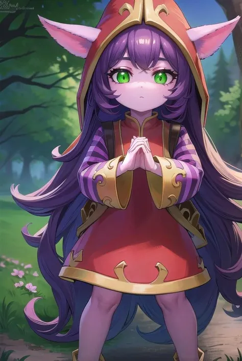 lollulu, <lora:lulu-lora-nochekaiser:1>,
lulu, long hair, bangs, animal ears, (green eyes:1.5), purple hair, colored skin, purple skin,
BREAK long sleeves, hat, dress, red dress, red headwear, ears through headwear, striped sleeves, yordle,
BREAK looking at viewer, full body,
BREAK outdoors,
BREAK <lyco:GoodHands-beta2:1>, (masterpiece:1.2), best quality, high resolution, unity 8k wallpaper, (illustration:0.8), (beautiful detailed eyes:1.6), extremely detailed face, perfect lighting, extremely detailed CG, (perfect hands, perfect anatomy),