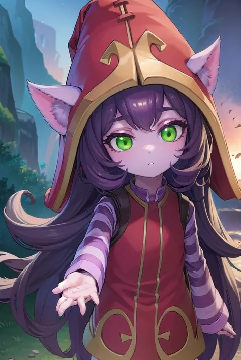 lollulu, <lora:lulu-lora-nochekaiser:1>,
lulu, long hair, bangs, animal ears, (green eyes:1.5), purple hair, colored skin, purple skin,
BREAK long sleeves, hat, dress, red dress, red headwear, ears through headwear, striped sleeves, yordle,
BREAK looking at viewer, full body,
BREAK outdoors,
BREAK <lyco:GoodHands-beta2:1>, (masterpiece:1.2), best quality, high resolution, unity 8k wallpaper, (illustration:0.8), (beautiful detailed eyes:1.6), extremely detailed face, perfect lighting, extremely detailed CG, (perfect hands, perfect anatomy),