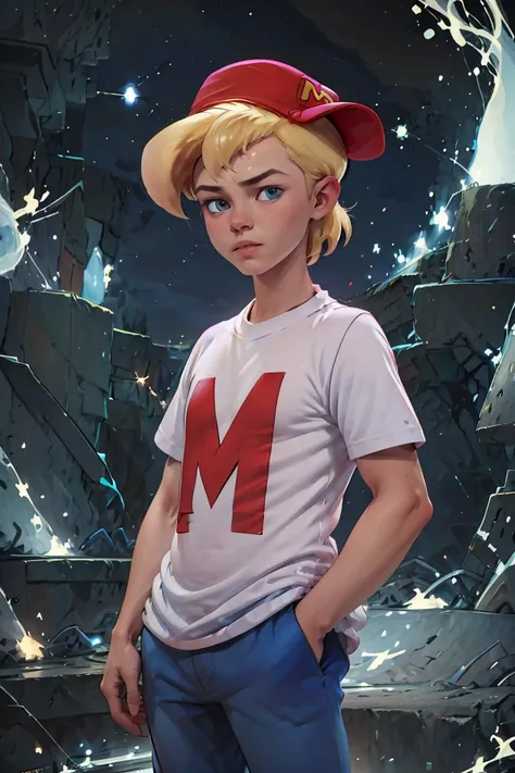 (masterpiece, best quality), 1girl,  <lora:MightyMax_Leaf2:1> 1boy, mighty max, blonde hair, red hat, white shirt, blue pants, blue eyes,  short sleeves,  hands in pockets, sideways hat, baseball cap,