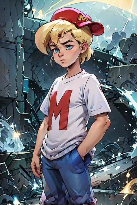 (masterpiece, best quality), 1girl,  <lora:MightyMax_Leaf2:1> 1boy, mighty max, blonde hair, red hat, white shirt, blue pants, blue eyes,  short sleeves,  hands in pockets, sideways hat, baseball cap,