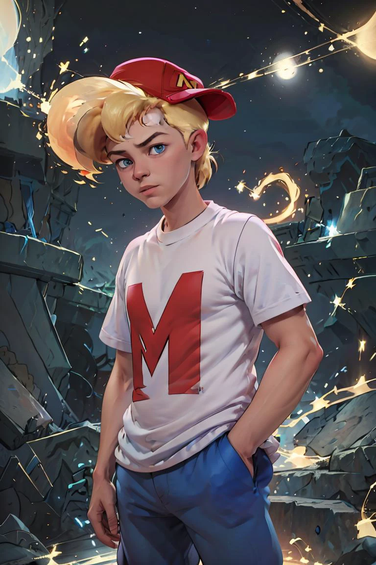 (masterpiece, best quality), 1girl, <lora:MightyMax_Leaf2:1> 1boy, mighty max, blonde hair, red hat, white shirt, blue pants, blue eyes, short sleeves, hands in pockets, sideways hat, baseball cap,