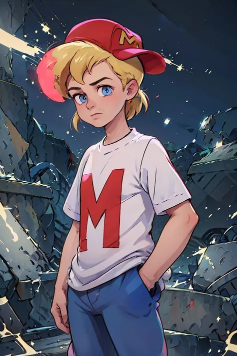 (masterpiece, best quality), 1girl,  <lora:MightyMax_Leaf2:1> 1boy, mighty max, blonde hair, red hat, white shirt, blue pants, blue eyes,  short sleeves,  hands in pockets, sideways hat, baseball cap,