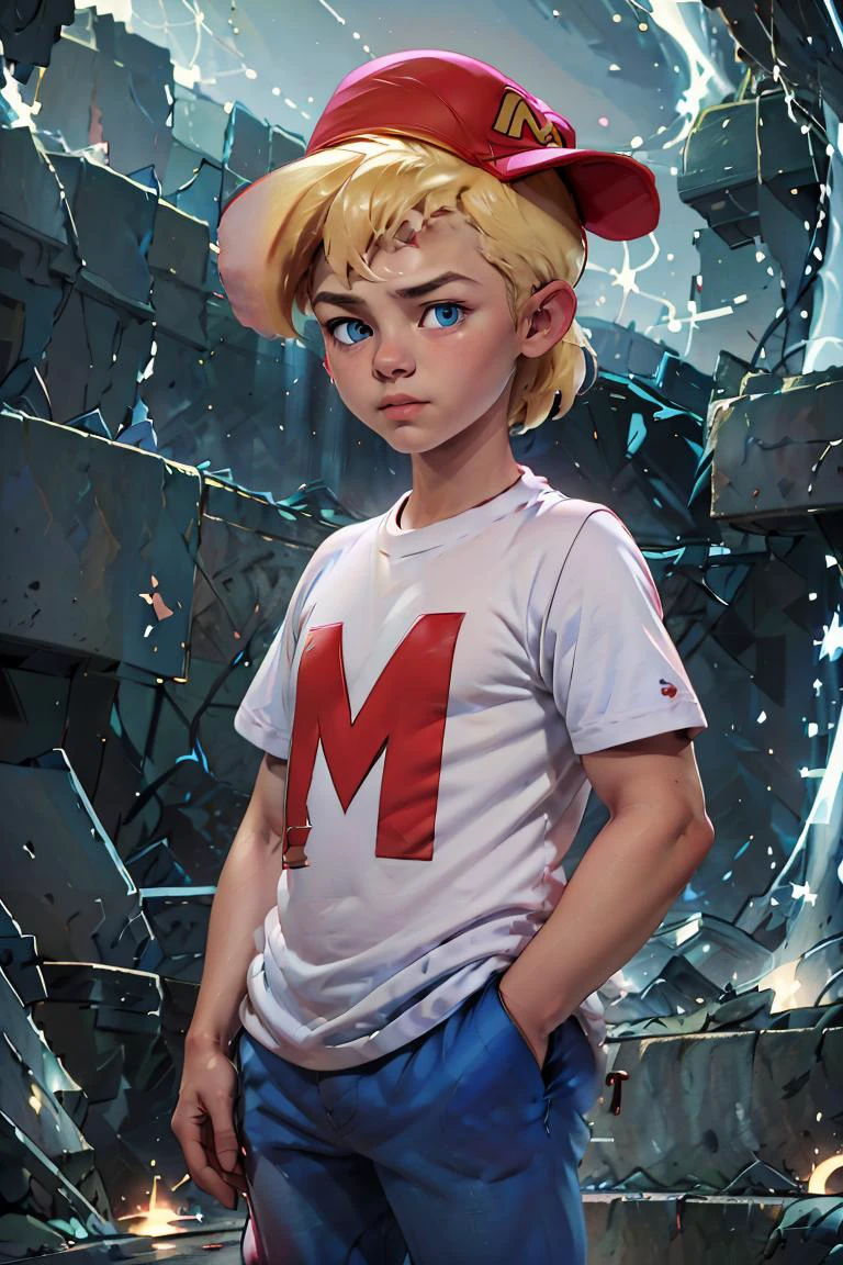 (masterpiece, best quality), 1girl, <lora:MightyMax_Leaf2:1> 1boy, mighty max, blonde hair, red hat, white shirt, blue pants, blue eyes, short sleeves, hands in pockets, sideways hat, baseball cap,