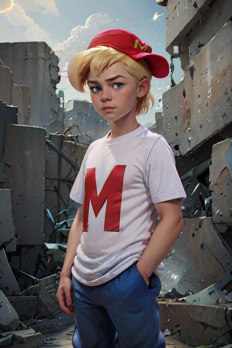 (masterpiece, best quality), 1girl, <lora:MightyMax_Leaf2:1> 1boy, mighty max, blonde hair, red hat, white shirt, blue pants, blue eyes, short sleeves, hands in pockets, sideways hat, baseball cap,