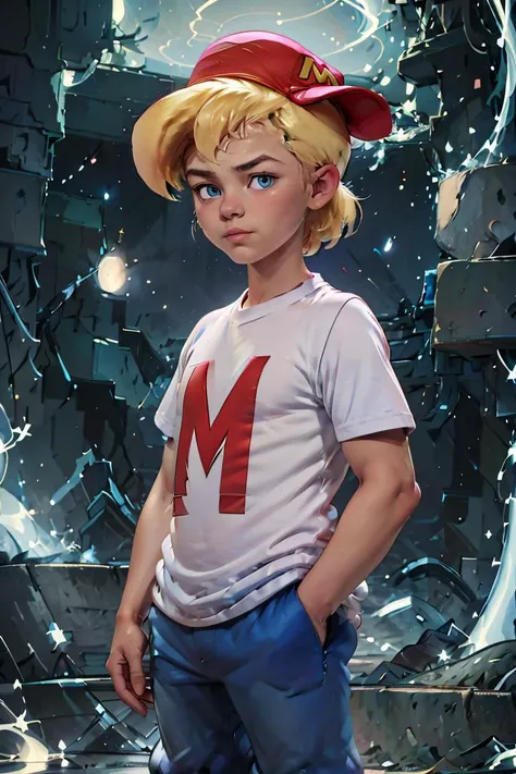 (masterpiece, best quality), 1girl,  <lora:MightyMax_Leaf2:1> 1boy, mighty max, blonde hair, red hat, white shirt, blue pants, blue eyes,  short sleeves,  hands in pockets, sideways hat, baseball cap,