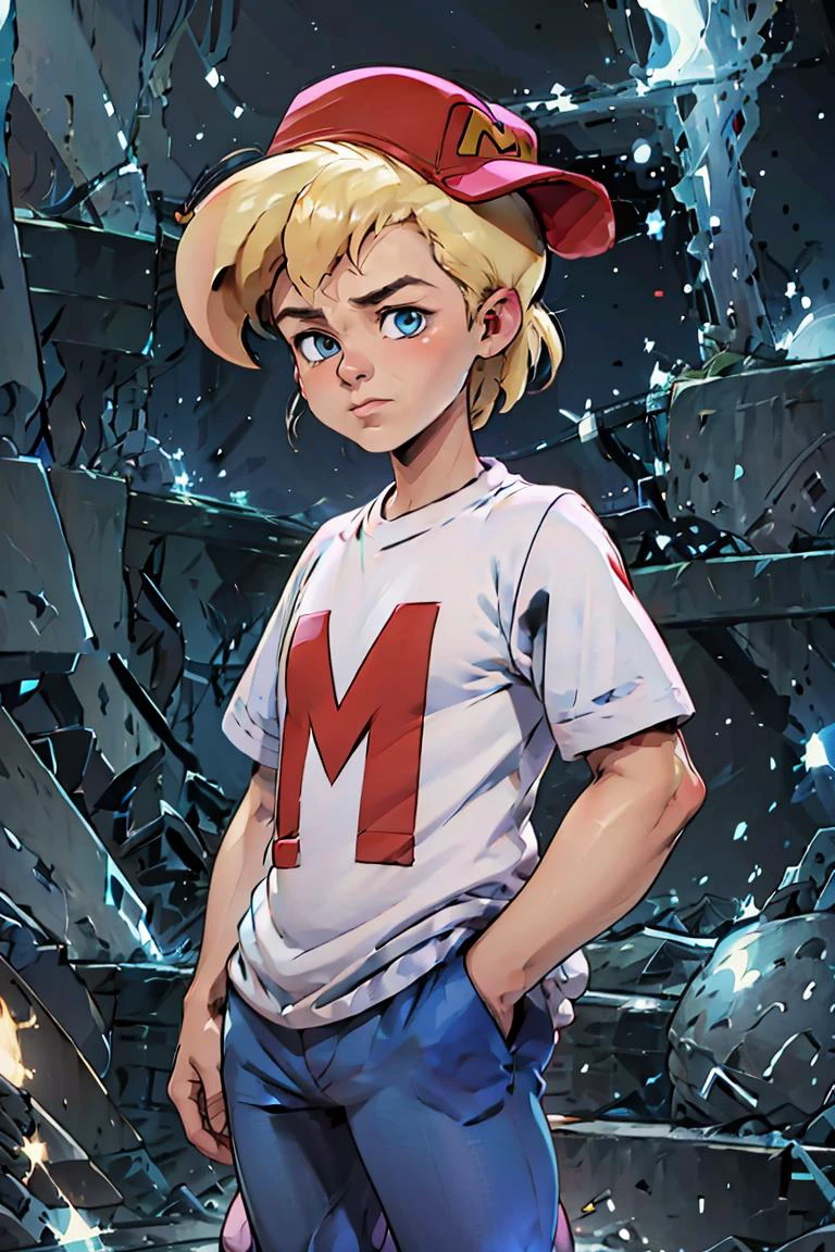 (masterpiece, best quality), 1girl, <lora:MightyMax_Leaf2:1> 1boy, mighty max, blonde hair, red hat, white shirt, blue pants, blue eyes, short sleeves, hands in pockets, sideways hat, baseball cap,