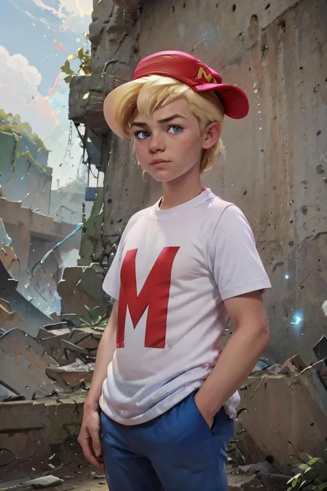 (masterpiece, best quality), 1girl,  <lora:MightyMax_Leaf2:1> 1boy, mighty max, blonde hair, red hat, white shirt, blue pants, blue eyes,  short sleeves,  hands in pockets, sideways hat, baseball cap,