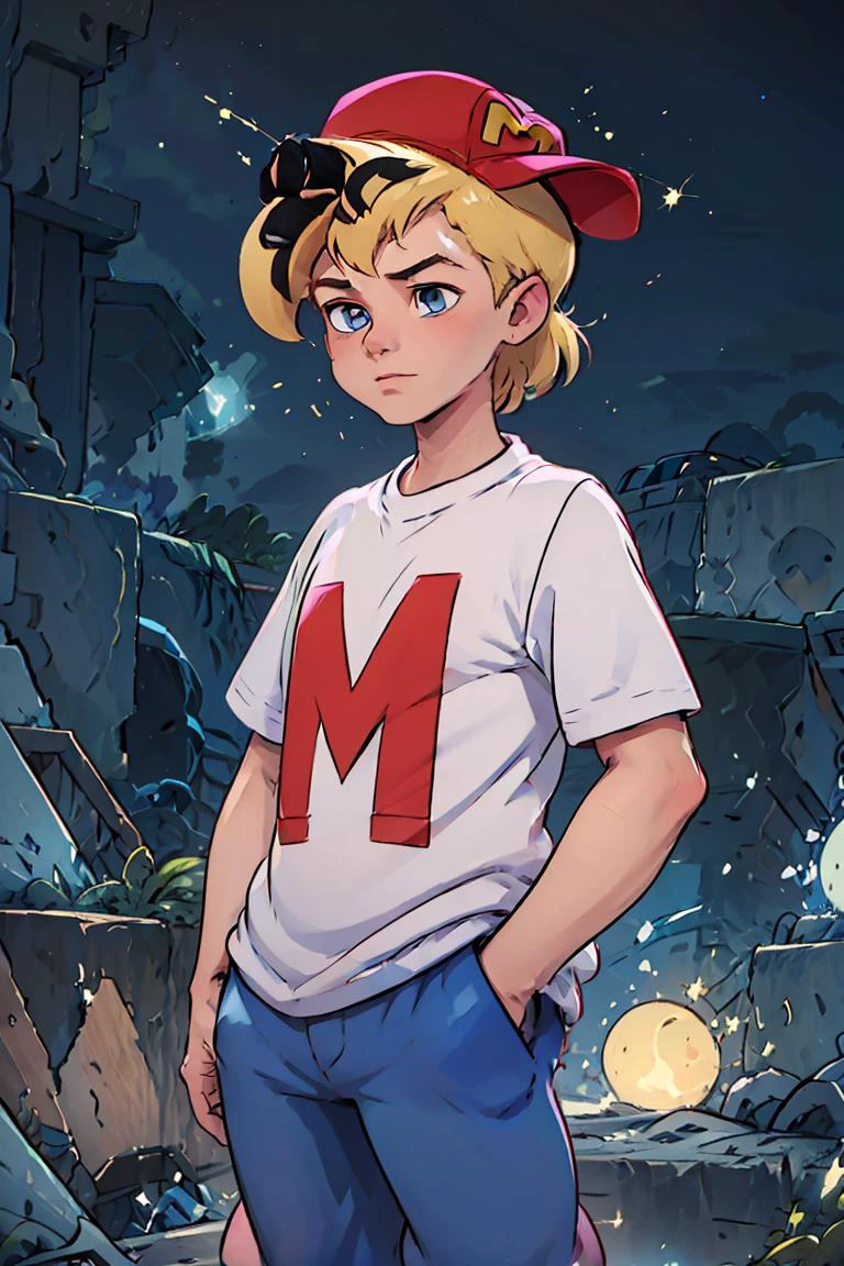 (masterpiece, best quality), 1girl, <lora:MightyMax_Leaf2:1> 1boy, mighty max, blonde hair, red hat, white shirt, blue pants, blue eyes, short sleeves, hands in pockets, sideways hat, baseball cap,