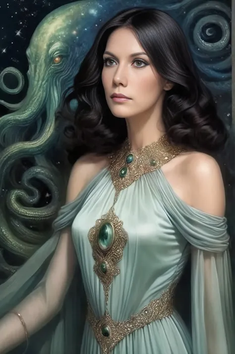 Dreamscape, lovecraftian horror <lora:MaudAdamsSDXL-000008:1>, upper-body portrait of MaudAdamsSDXL in elegant long dress, . eldritch, cosmic horror, unknown, mysterious, surreal, highly detailed, Surreal, ethereal, dreamy, mysterious, fantasy, highly detailed