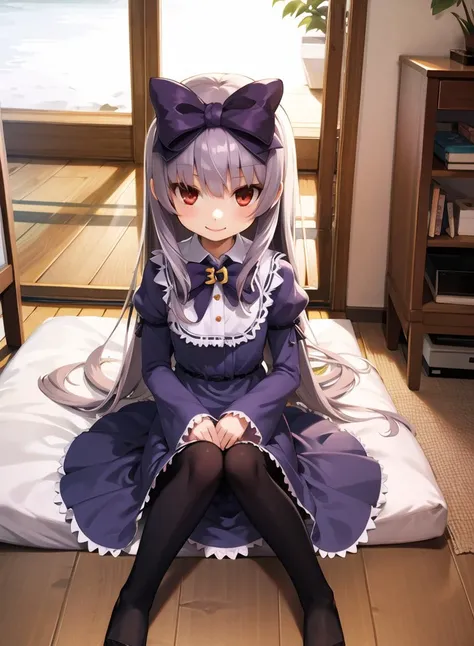 1girl,masterclass,best quality, illustration, full_body,31tanDefault, black_pantyhose, petite, bow, bowtie, hair_bow, juliet_sleeves, lolita_fashion, long_sleeves, puffy_sleeves, purple_bow, purple_dress, sitting, brooch, numbered, purple_bowtie, frilled_dress, smile,blunt_bangs,hime_cut, indoor, on_bed, <lora:31tanD8V1_e6:1>