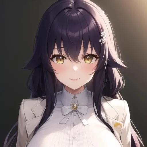 (masterpiece, best quality:1.2),illustration,8k,hd,1girl,solo,upper body,(portrait:1.2),black_pantyhose,very_long_hair,hair_ornament,half_gloves,smile,hairclip,black_gloves,hair_between_eyes,large_breasts,white_panties,purple_hair,pleated_skirt,bangs,yellow_eyes,white jacket,panties_under_pantyhose,jacket_on_shoulders,hair_flower,white_skirt,sidelocks,brown_eyes,<lora:Azuma(azur)>,