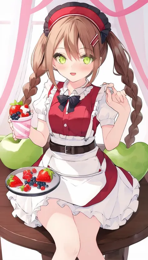 masterpiece, best quality, 1girl, green eyes, solo, food, fruit, double bun, long hair, strawberry, spoon, brown hair, maid headdress, holding, parfait, short sleeves, tray, hair ornament, bag, looking at viewer, hairclip, shirt, holding tray, eyebrows visible through hair, white shirt, bangs, puffy sleeves, puffy short sleeves, skirt, indoors, blush, braid, bow, string of flags, holding food, apron, ribbon, polka dot, waitress, window, standing, pennant, table, frills, blueberry, hair ribbon, white bow, closed mouth, red skirt, collared shirt, belt, shoulder bag, red neckwear, smile, red ribbon, maid, handbag, dress, high-waist skirt, day, watermark, dutch angle, ice cream, bowtie, eating, heart