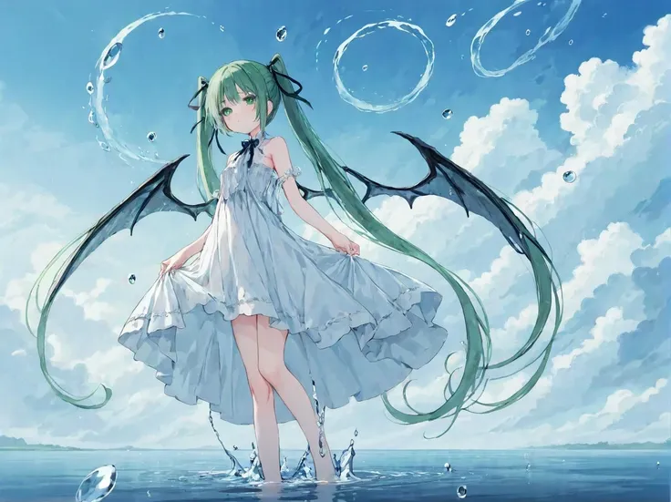 <lora:ruru.XL_v1.1:1> 1girl, solo, long hair, dress, sky, wings, twintails, looking at viewer, blush, ribbon, sleeveless, wading, neck ribbon, very long hair, bangs, blue eyes, water, bare shoulders, bare arms, outdoors, water drop, sleeveless dress, parted lips, skirt hold, cloud, white dress, breasts, demon wings, hair ornament, green hair