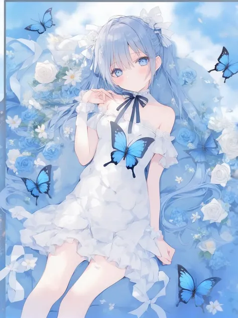 <lora:ruru.XL_v1.2.4:1>1girl, solo, butterfly, flower, bug, dress, white flower, long hair, looking at viewer, hair ornament, blue eyes, bangs, white dress, blush, blue hair, rose, white rose, ribbon, cloud, lying, choker, parted lips, twintails, bare shoulders, off-shoulder dress, couch, collarbone, sky, feet out of frame