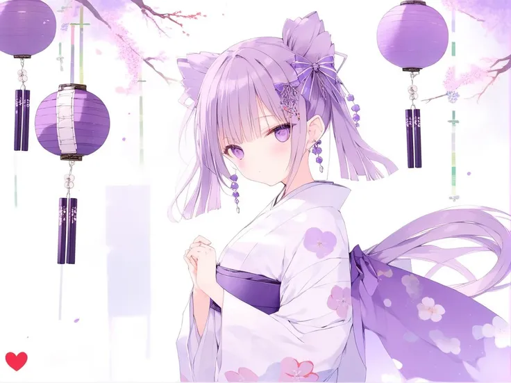 <lora:ruru.XL_v1.2.4:1> 1girl, kimono, solo, japanese clothes, wind chime, looking at viewer, obi, bow, sash, purple eyes, hair ornament, bangs, twintails, holding, purple hair, long hair, hair bow, heart, long sleeves, purple theme, animal ears, closed mouth, multicolored hair, purple kimono, earrings, white background, purple bow, wide sleeves, jewelry, bandaid