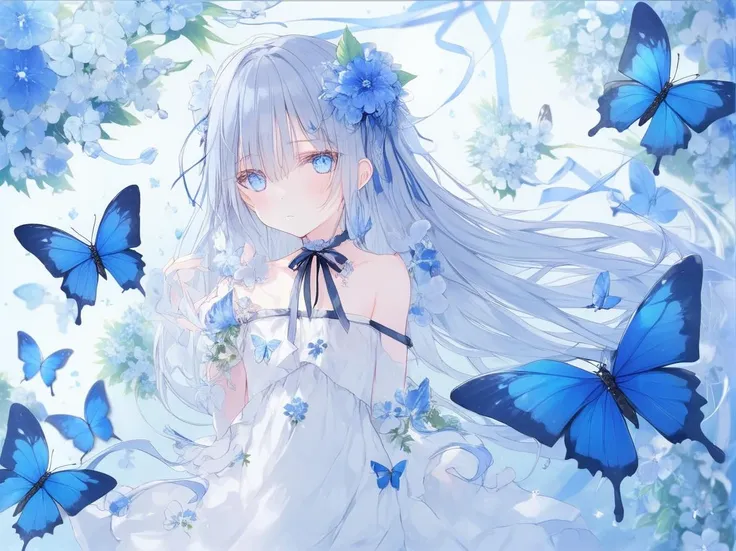 <lora:ruru.XL_v1.2.4:1> 1girl, solo, dress, flower, white dress, blue flower, long hair, bug, hair ornament, bare shoulders, holding, blue eyes, bangs, hair between eyes, hair flower, butterfly, looking at viewer, blush, collarbone, sleeveless dress, standing, blue theme, closed mouth, sleeveless, choker, white hair, animal, ribbon