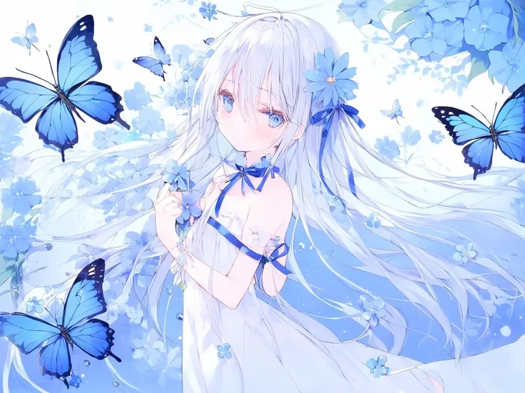 <lora:ruru.XL_v1.2.4:1> 1girl, solo, dress, flower, white dress, blue flower, long hair, bug, hair ornament, bare shoulders, holding, blue eyes, bangs, hair between eyes, hair flower, butterfly, looking at viewer, blush, collarbone, sleeveless dress, standing, blue theme, closed mouth, sleeveless, choker, white hair, animal, ribbon