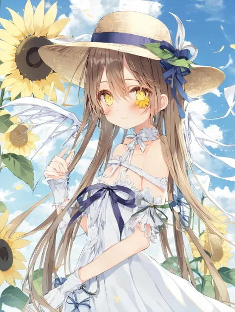 <lora:ruru.XL:1> solo, 1girl, sunflower, dress, long hair, hat, outdoors, day, wings, looking at viewer, flower, white dress, bare shoulders, ribbon, purple eyes, sky, straw hat, bracelet, cloud, blush, off shoulder, artist name, hat bow, jewelry, very long hair, blue sky, off-shoulder dress, from side, brown headwear, petals, hair ribbon, hat ribbon, white ribbon, demon wings, bangs, closed mouth, hat flower, standing, hands up, yellow flower, bow, hair between eyes, cowboy shot, white bow