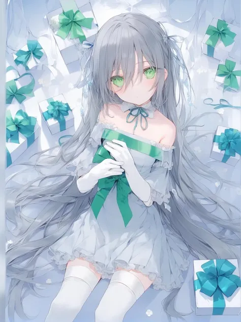 <lora:ruru.XL_v1.2.4:1> 1girl, solo, bandaid, long hair, gift, gloves, ribbon, looking at viewer, bound, blush, bandaid on face, upper body, white gloves, green eyes, bandages, flower, closed mouth, bare shoulders, box, bound wrists, two side up, bangs, dress, gift box, white flower, blue ribbon, bandaid on arm, pom pom (clothes), very long hair, grey hair, off shoulder, hands up