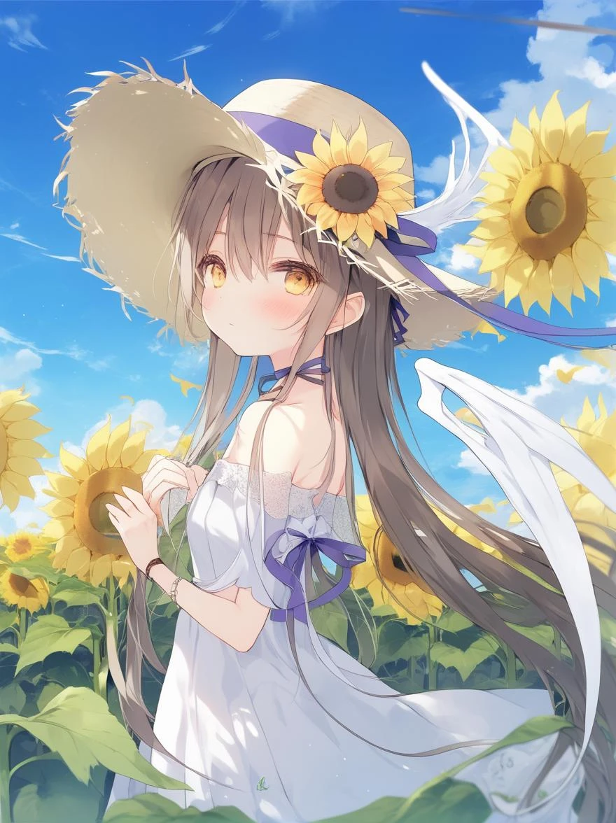 <lora:ruru.XL_v1.2.4:1> solo, 1girl, sunflower, dress, long hair, hat, outdoors, day, wings, looking at viewer, flower, white dress, bare shoulders, ribbon, purple eyes, sky, straw hat, bracelet, cloud, blush, off shoulder, artist name, hat bow, jewelry, very long hair, blue sky, off-shoulder dress, from side, brown headwear, petals, hair ribbon, hat ribbon, white ribbon, demon wings, bangs, closed mouth, hat flower, standing, hands up, yellow flower, bow, hair between eyes, cowboy shot, white bow