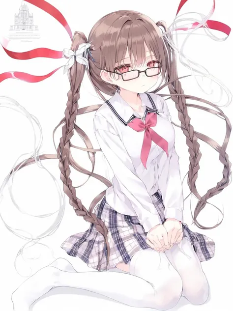 <lora:ruru.XL_v1.3.1:1>best quality, 1girl, solo, skirt, hair ornament, glasses, long hair, purple eyes, brown hair, shirt, hairclip, white shirt, twin braids, pantyhose, braid, looking at viewer, ahoge, white pantyhose, pleated skirt, breasts, plaid, flower, plaid skirt, blush, school uniform, ribbon, white background, very long hair, simple background, sleeves past wrists, medium breasts, long sleeves, bangs, pink cardigan, pantyhose pull, closed mouth, neck ribbon, red ribbon