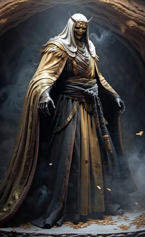 <lora:monk-000004:0.8>,crptedmonk,Dark fantasy, shadow knights, (( white and gold plug suit, black smoke in plug suit)), (burning eyes:1), (white, gold hooded cloak of leather material),(fractal art:1.2), cave background, transparency, caustics, optics, surreal, magic,
masterpiece, perfect anatomy, 32k UHD resolution, best quality, highres, realistic photo, professional photography,cinematic angle, reflaction lights