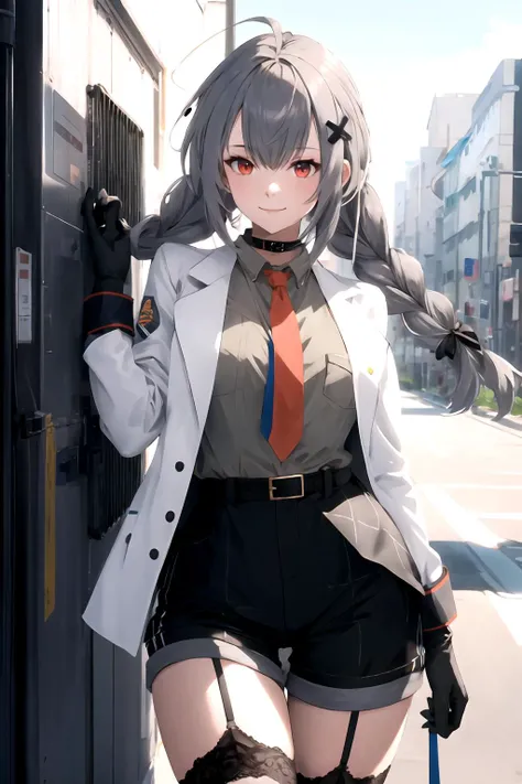 masterpiece, (best quality), RTX, perfect proportions, beautiful, detailed face, (perfect eyes:1.1) ,(photorealistic:1.1), 8k uhd, outdoors, smile, xia ekavira, 1girl, solo, long hair, shirt, hair ornament, red eyes, thighhighs, gloves, long sleeves, white background, ribbon, twintails, very long hair, jacket, hair ribbon, braid, ahoge, grey hair, open clothes, necktie, shoes, shorts, choker, hairclip, collared shirt, belt, black thighhighs, white gloves, twin braids, open jacket, black shirt, short shorts, black ribbon, garter straps, black choker, black shorts, white footwear, white jacket, wing collar, red necktie, sneakers, lace trim, lace, grey shirt, buckle, single glove, pocket, black belt, belt buckle, grey jacket, shirt tucked in, lace-trimmed legwear, grey footwear, straight-on, long braid, holding eyewear, orange necktie, low twin braids, grey belt, Pretending to pull an invisible rope, <lora:Xia_Ekavira:0.85>