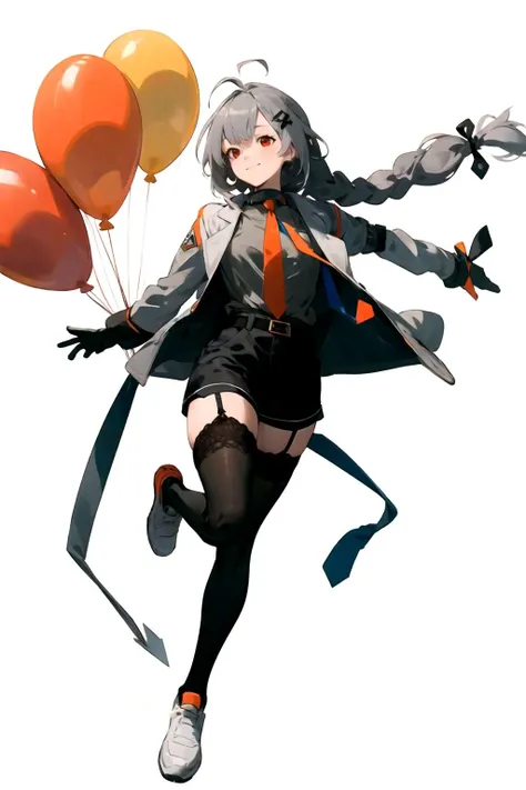 masterpiece, (best quality), RTX, perfect proportions, beautiful, detailed face, (perfect eyes:1.1) ,(photorealistic:1.1), 8k uhd, outdoors, smile, xia ekavira, 1girl, solo, long hair, shirt, hair ornament, red eyes, thighhighs, gloves, long sleeves, white background, ribbon, twintails, very long hair, jacket, hair ribbon, braid, ahoge, grey hair, open clothes, necktie, shoes, shorts, choker, hairclip, collared shirt, belt, black thighhighs, white gloves, twin braids, open jacket, black shirt, short shorts, black ribbon, garter straps, black choker, black shorts, white footwear, white jacket, wing collar, red necktie, sneakers, lace trim, lace, grey shirt, buckle, single glove, pocket, black belt, belt buckle, grey jacket, shirt tucked in, lace-trimmed legwear, grey footwear, straight-on, long braid, holding eyewear, orange necktie, low twin braids, grey belt, Posing as if holding a big balloon, <lora:Xia_Ekavira:0.85>