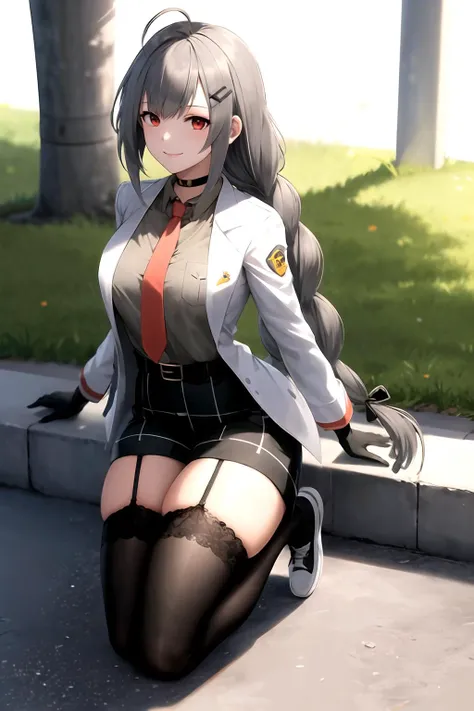 masterpiece, (best quality), vibrant colors ,natural lighting ,RTX, perfect proportions, beautiful, detailed face, (perfect eyes:1.1) ,(photorealistic:1.1), 8k uhd, outdoors, smile, xia ekavira, 1girl, solo, long hair, shirt, hair ornament, red eyes, thighhighs, gloves, long sleeves, white background, ribbon, twintails, very long hair, jacket, hair ribbon, braid, ahoge, grey hair, open clothes, necktie, shoes, shorts, choker, hairclip, collared shirt, belt, black thighhighs, white gloves, twin braids, open jacket, black shirt, short shorts, black ribbon, garter straps, black choker, black shorts, white footwear, white jacket, wing collar, red necktie, sneakers, lace trim, lace, grey shirt, buckle, single glove, pocket, black belt, belt buckle, grey jacket, shirt tucked in, lace-trimmed legwear, grey footwear, straight-on, long braid, holding eyewear, orange necktie, low twin braids, grey belt, Kneeling with both hands on thighs, <lora:Xia_Ekavira:0.85>