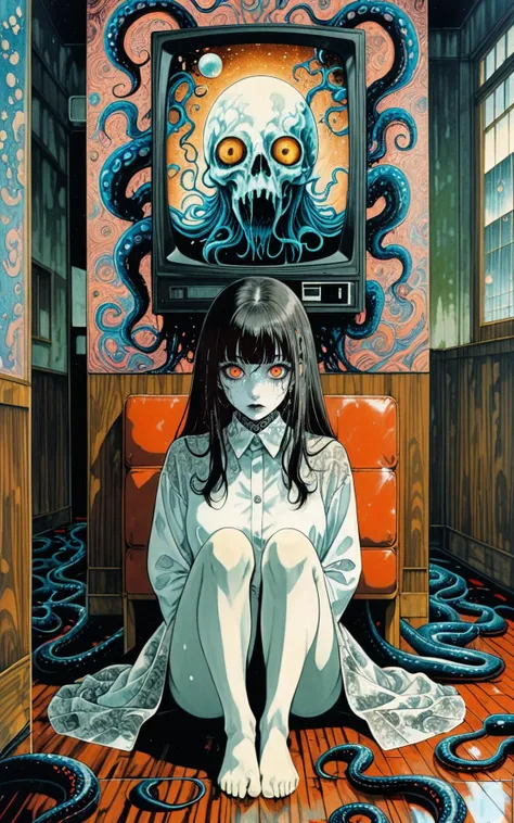 Japanese manga<lora:MindWarp:0.65><lora:Mixed_Media:0.45>,horror-themed lovecraftian horror Junji_Ito,Takato_Yamamoto and Hisui Sugiura,analogue vhs distortion,The Frost of 80s style,anime 1girl_sitting(solo),Intricate and vivid depiction of Junji Ito's work in film form,intricately detailed linework,vibrant colors,from the detailed linework and vibrant colors to the subtle analogue VHS distortion,The image captures a girl in her natural habitat,surrounded by intricate details that bring the scene to life,Tentacles protruding from many holes in the floor<lora:The_Dark_Side_of_the_Earth:0.75>,Hyperrealism,an excellent job in capturing the essence of this iconic artist's work,white_shirt,cosmic horror,mysterious,unsettling,dark art,spooky,suspenseful,grim,cucoloris patterned illumination,
Hypermaximalist,Megapixels,Super-Resolution,(Intricate Details/Insane Details/Hyper-detailed)<lora:Perfect Hands:1><lora:DetailedEyes_V3:1><lora:DD-pnte-neg-v1:-1.5><lora:MJ52:0.5>,