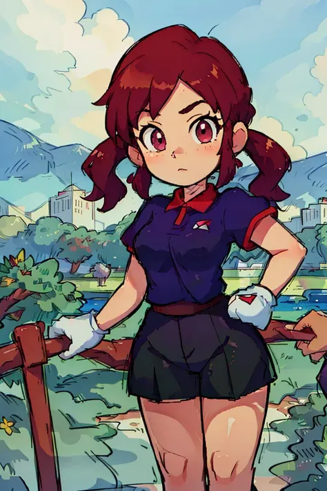 <lora:Plum V21:0.9> plum (mario golf 64), 1girl, solo, brown hair, pigtails, green eyes, smile, dark blue shirt, red collar, red cuffs, 1white_glove, blocking sun with hand, looking into distance, sunny, bright,, fcPortrait_Force_Portrait, portrait, close up, looking at viewer,  portrait,  close up,