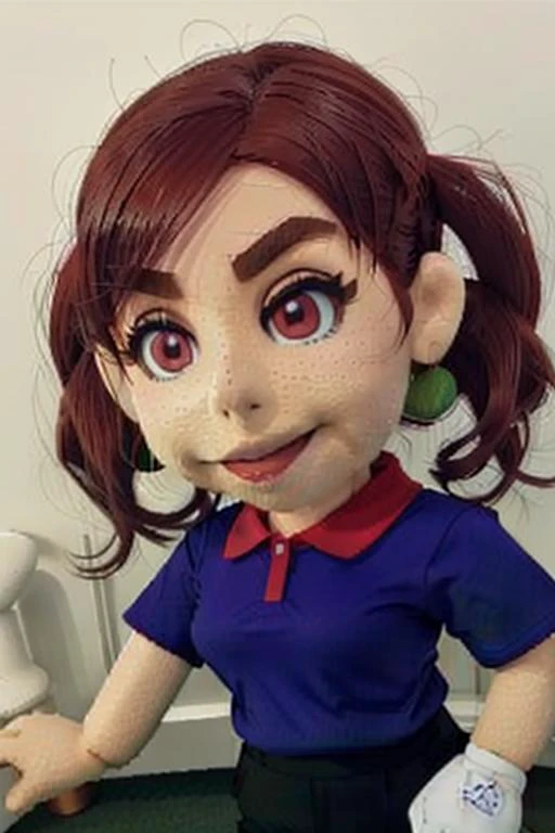 <lora:Plum -Mario Golf - V1:0.8> plum (mario golf 64), 1girl, solo, brown hair, pigtails, green eyes, dark blue shirt, red collar, red cuffs, 1white_glove, <lora:Puppet:1.1> puppet