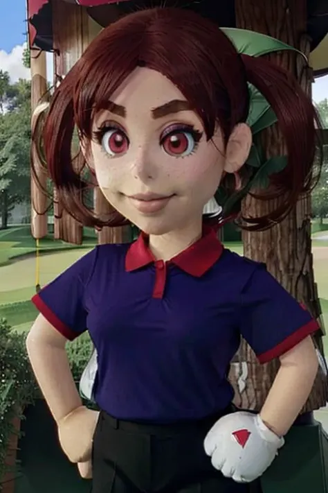 <lora:Plum -Mario Golf - V1:0.75> plum (mario golf 64), 1girl, solo, brown hair, pigtails, green eyes, dark blue shirt, red collar, red cuffs, 1white_glove, <lora:Puppet:1.1> puppet
