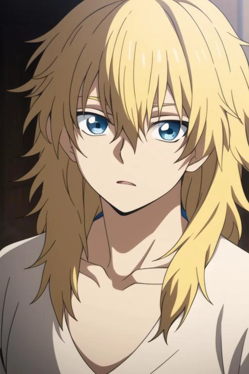 masterpiece, best quality, high quality, 1boy, solo, male focus, looking at viewer, upper body, <lora:zeno:0.72>, zeno, blonde hair, blue eyes, long hair, hair between eyes, , ,