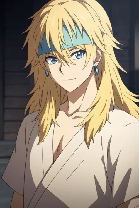 masterpiece, best quality, high quality, 1boy, solo, male focus, looking at viewer, upper body, <lora:zeno:0.76>, zeno, blonde hair, blue eyes, long hair, hair between eyes, headband, earrings, <lora:animemix_v3_offset:0.70>