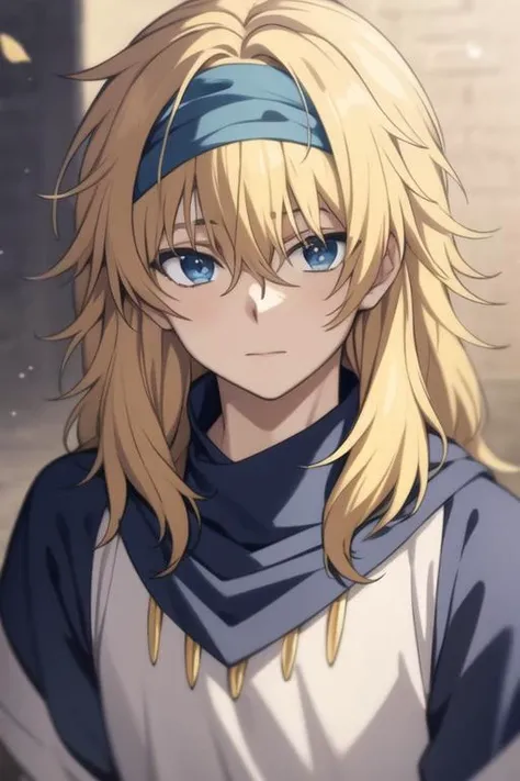 masterpiece, best quality, high quality, 1boy, solo, male focus, looking at viewer, upper body, <lora:zeno:0.74>, zeno, blonde hair, blue eyes, long hair, hair between eyes, bandana, ,