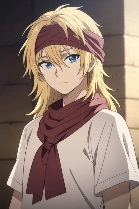 masterpiece, best quality, high quality, 1boy, solo, male focus, looking at viewer, upper body, <lora:zeno:0.72>, zeno, blonde hair, blue eyes, long hair, hair between eyes, bandana, , <lora:animemix_v3_offset:0.50>